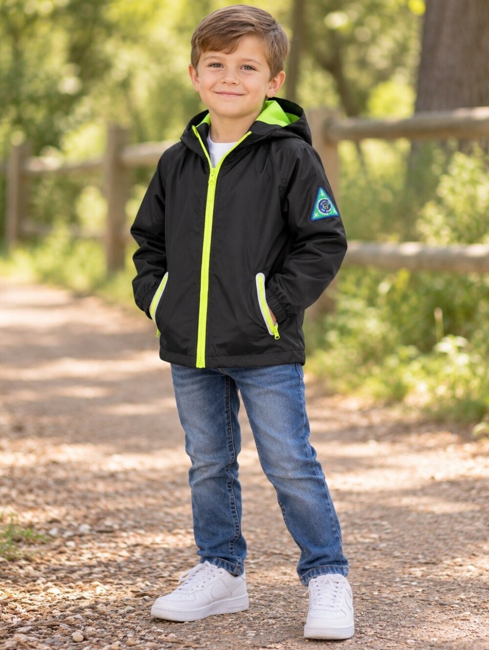 SaphiRose Boys M 5-6 Black Neon Waterproof Rain Jacket Hood NWT